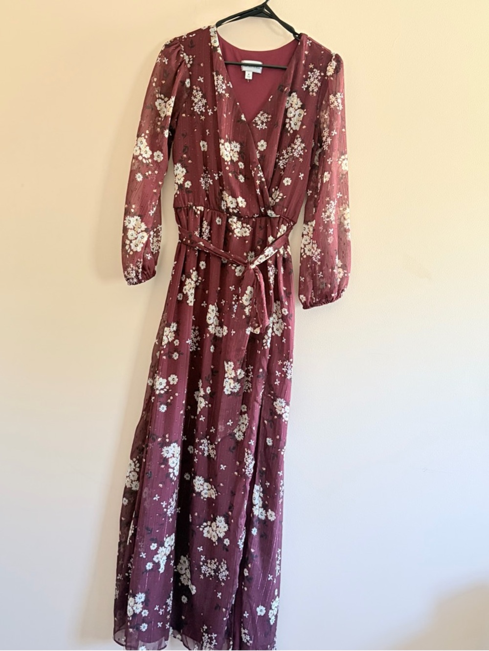 Premier Amour Floral Wrap Maxi Dress in Burgundy long sleeve
